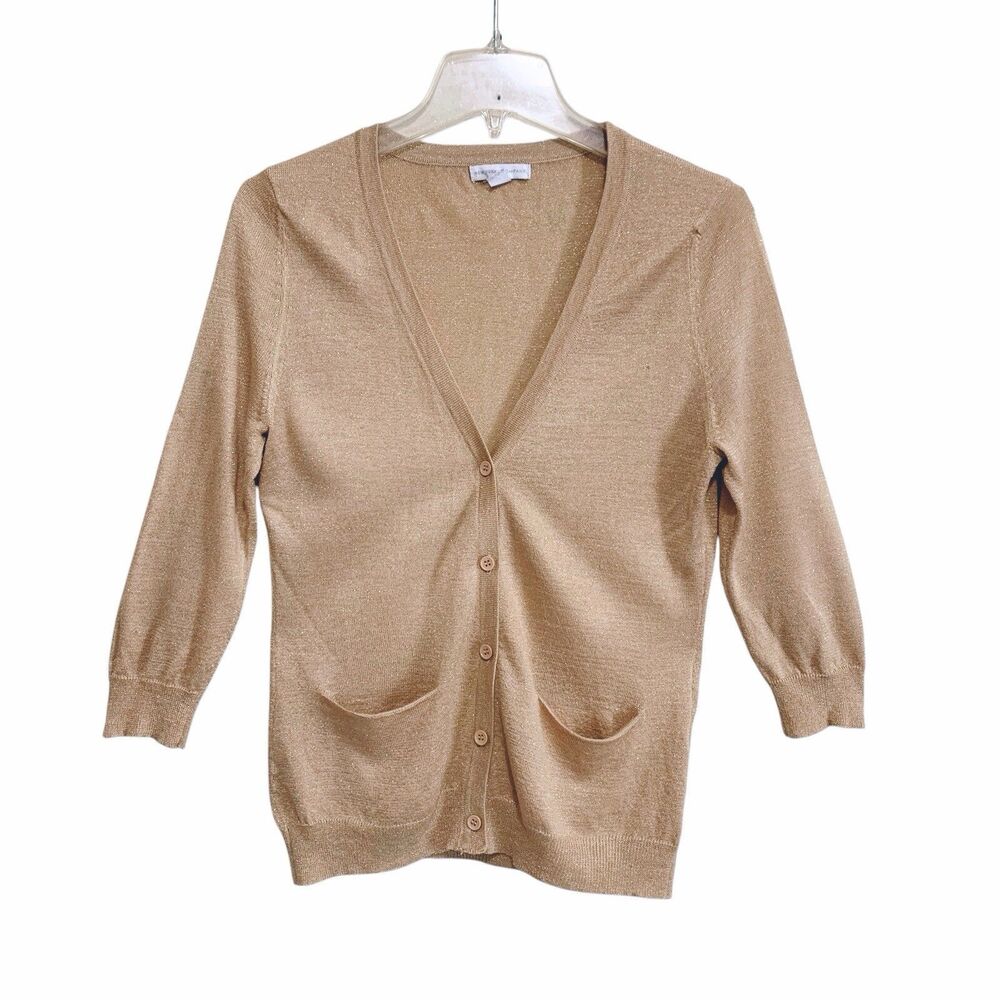 New York & Co Cardigan Sweater Womens Sz Small Gold Metallic Long Sleeve V-Neck